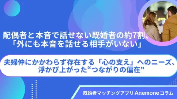 配偶者と本音で話せない既婚者の約7割、「外にも本音を話せる相手がいない」 ― 夫婦仲にかかわらず存在する「心の支え」へのニーズ、浮かび上がった“つながりの偏在”―